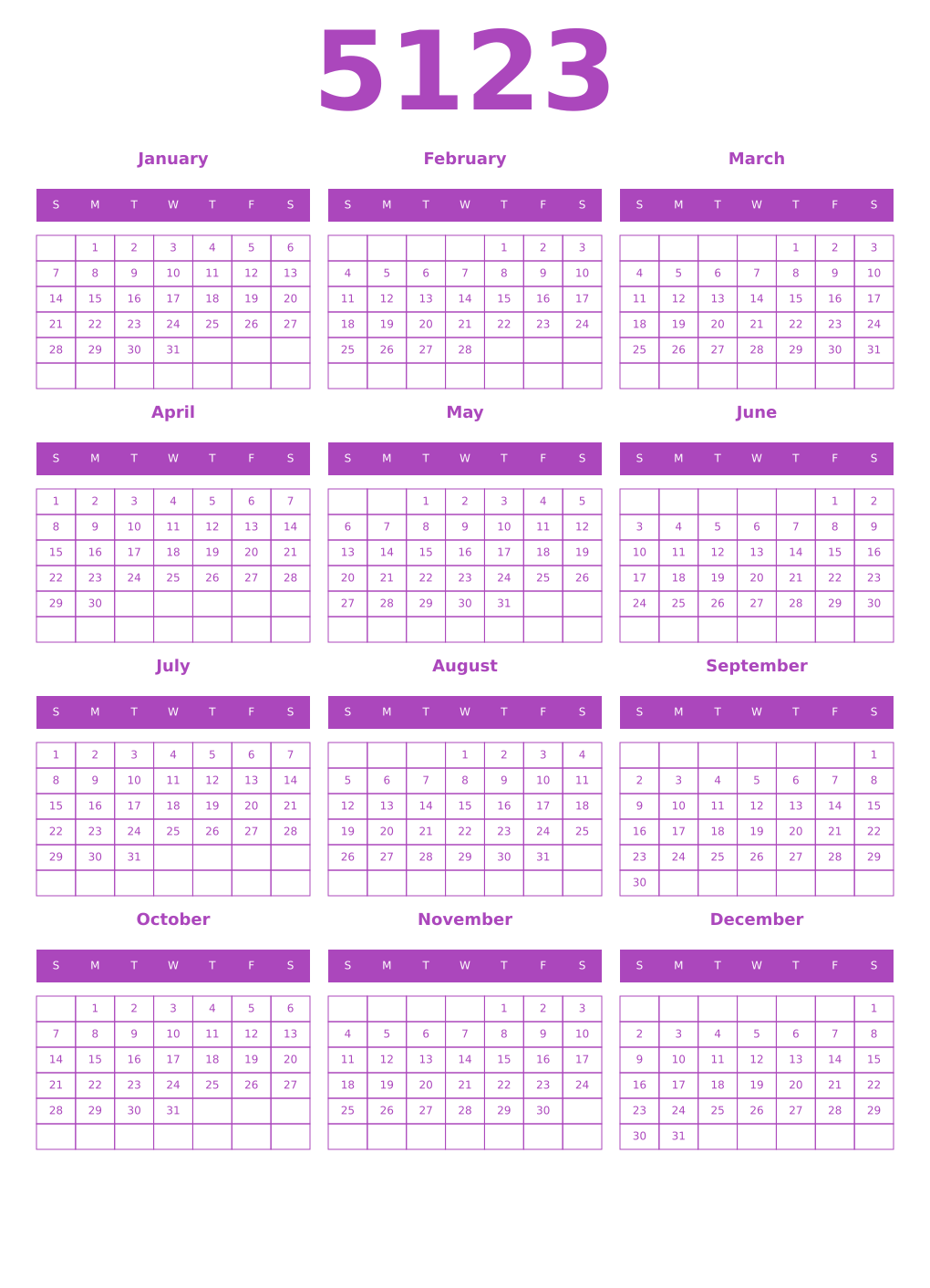 Printable 5123 Year Calendars purple