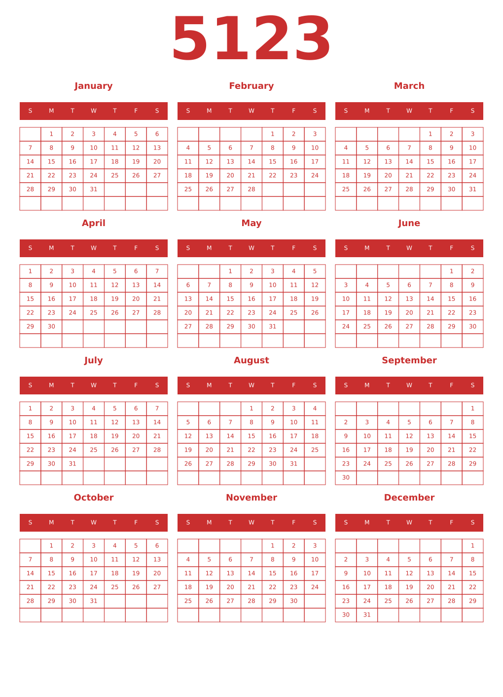Printable 5123 Year Calendars red
