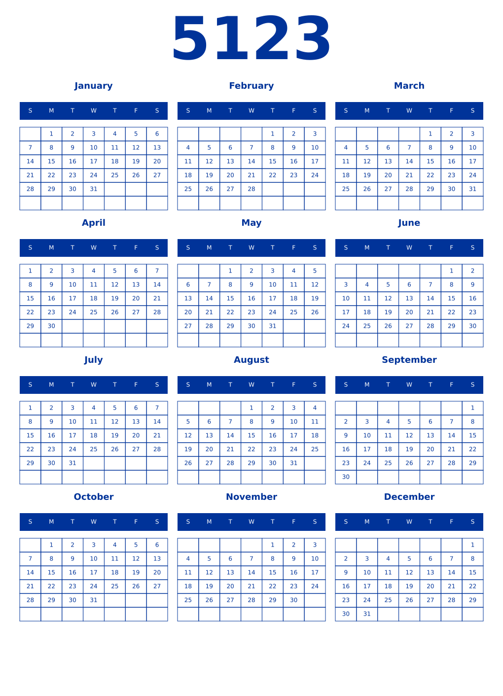 Printable 5123 Year Calendars smalt