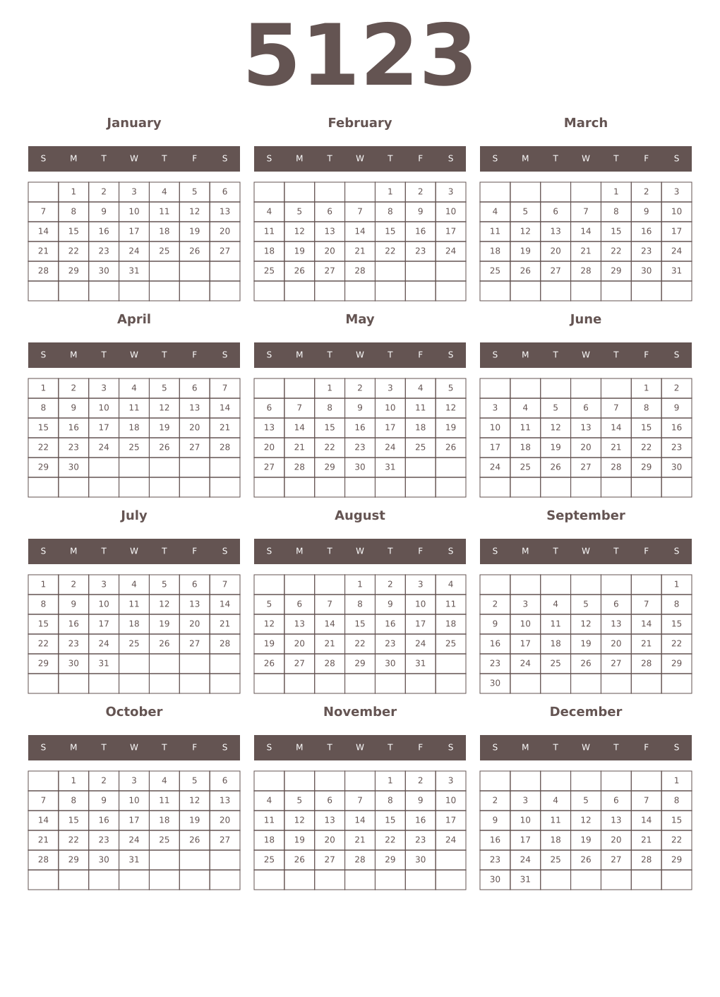 Printable 5123 Year Calendars wenge