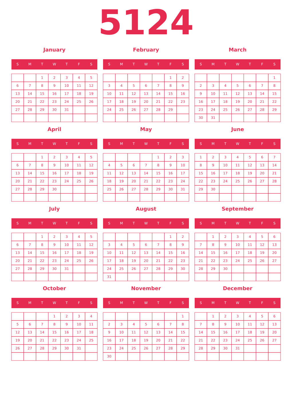 Printable 5124 Year Calendars amaranth