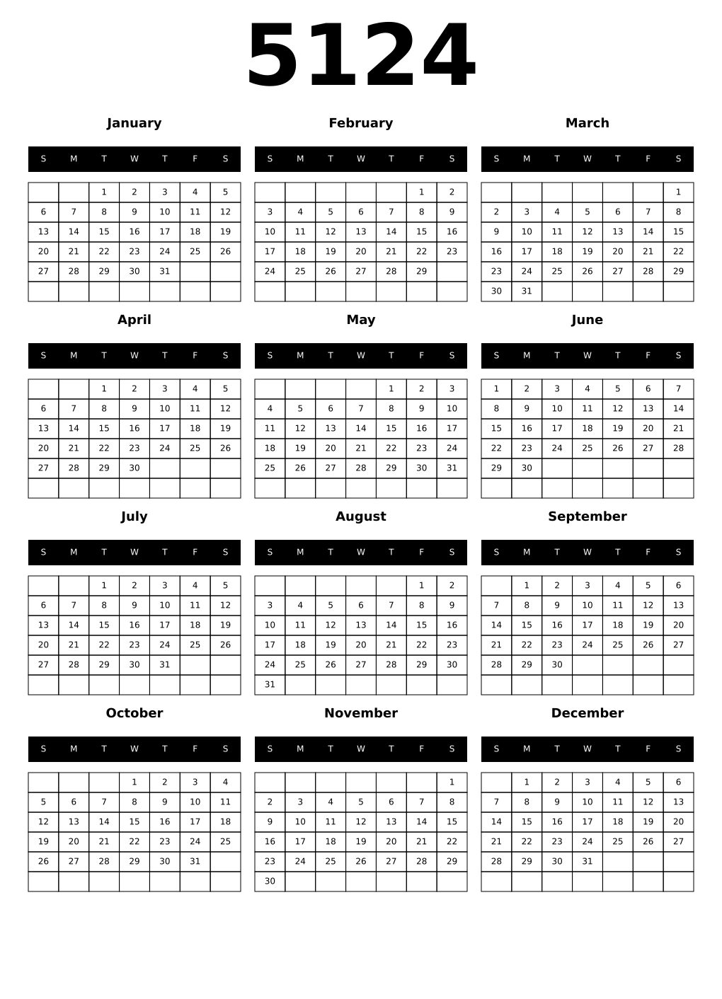 Printable 5124 Year Calendars black