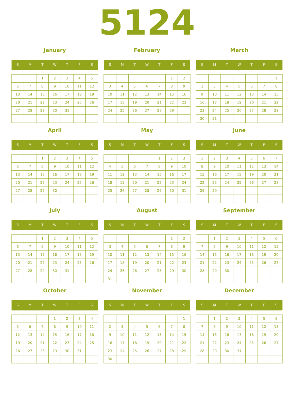 Printable 5124 Year Calendars chartreuse
