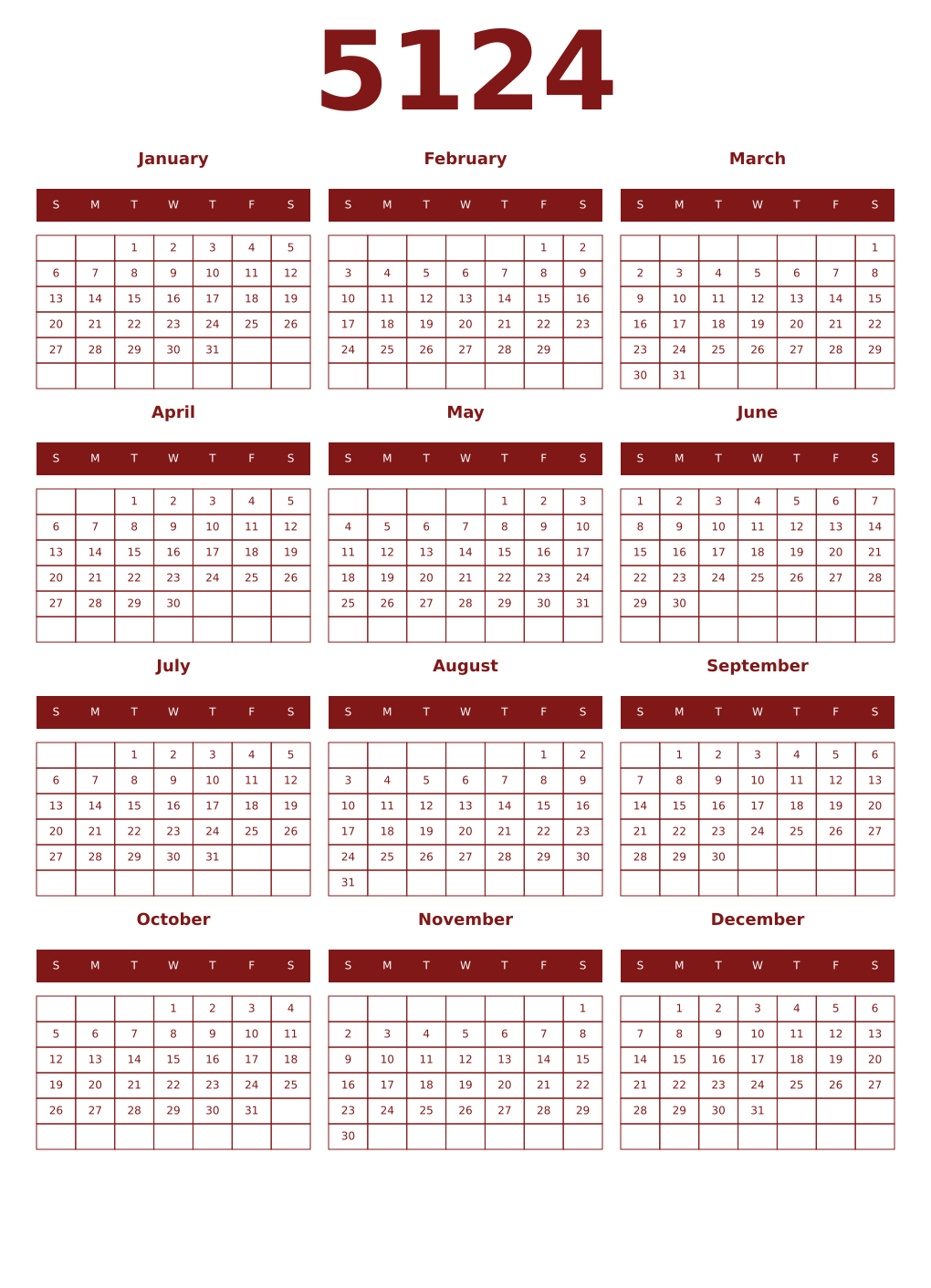 Printable 5124 Year Calendars falu