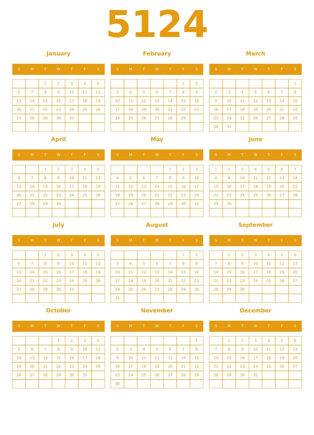 Printable 5124 Year Calendars gamboge