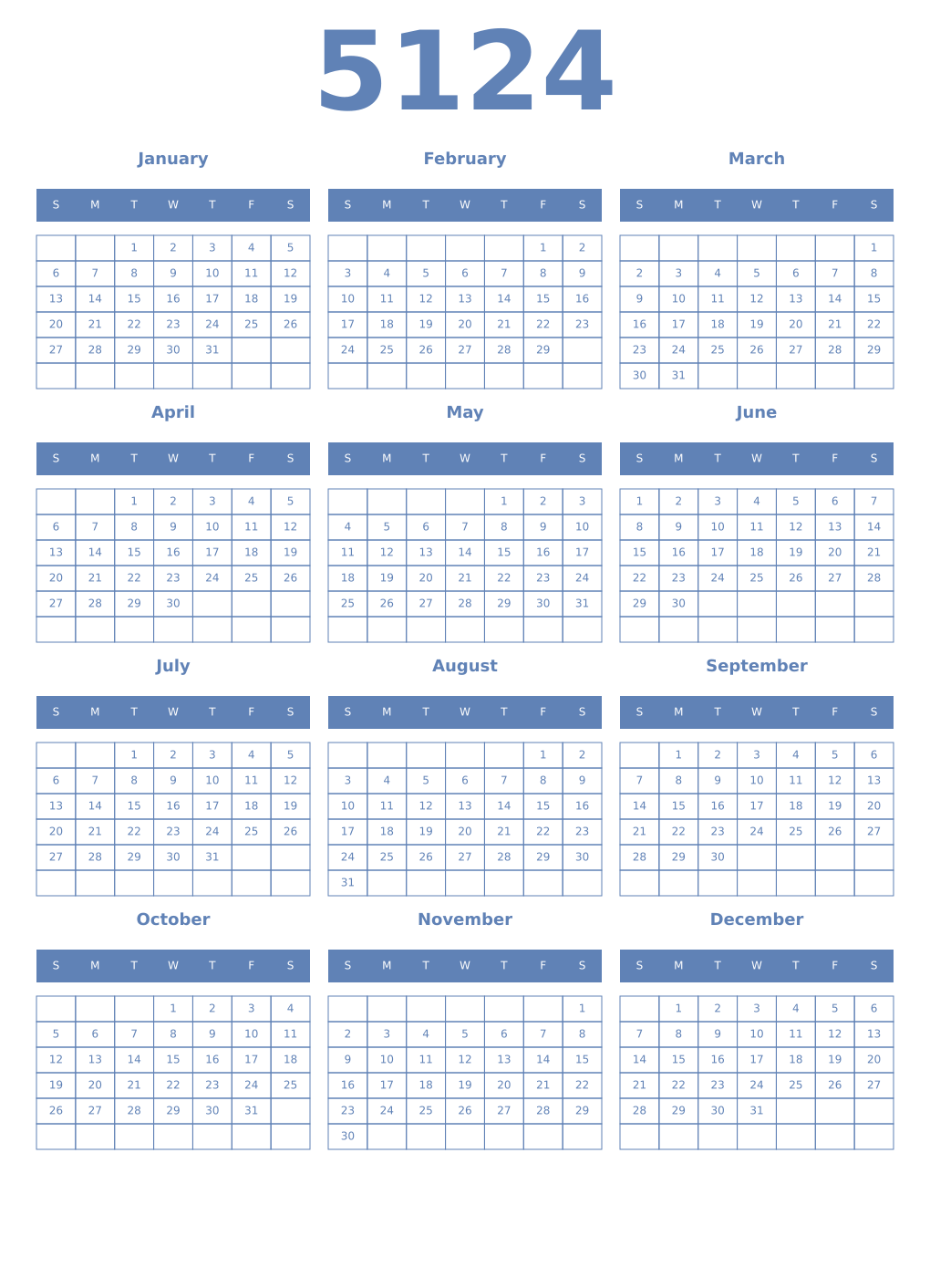 Printable 5124 Year Calendars glaucous