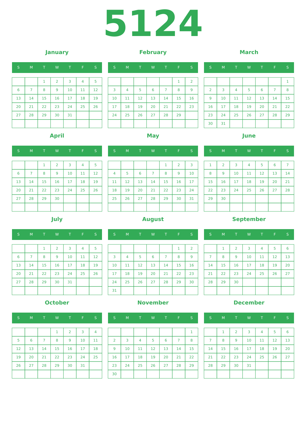Printable 5124 Year Calendars green