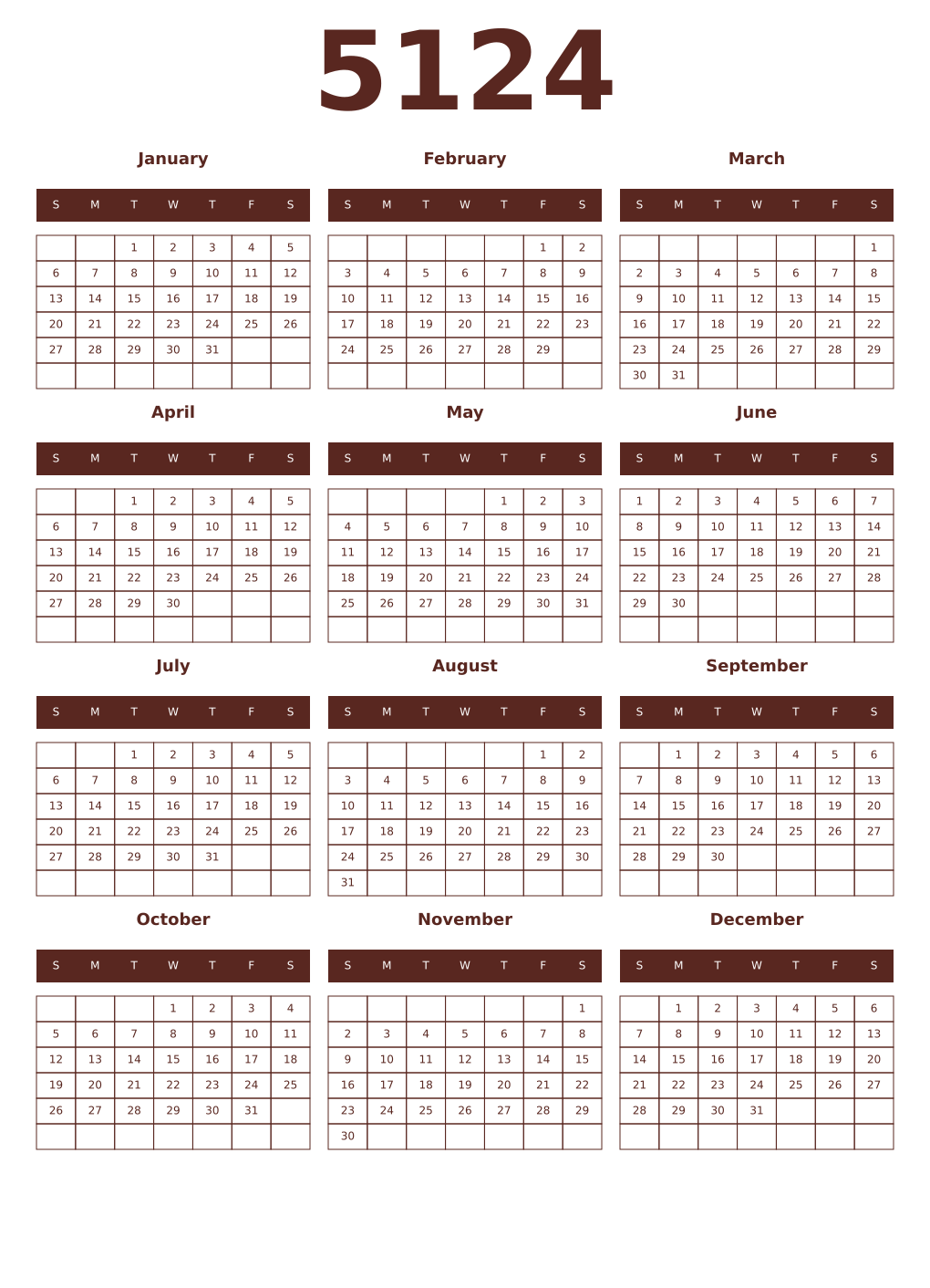 Printable 5124 Year Calendars mortuum