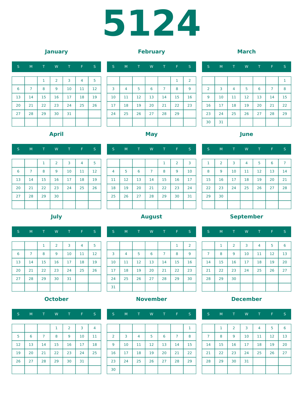 Printable 5124 Year Calendars pastel