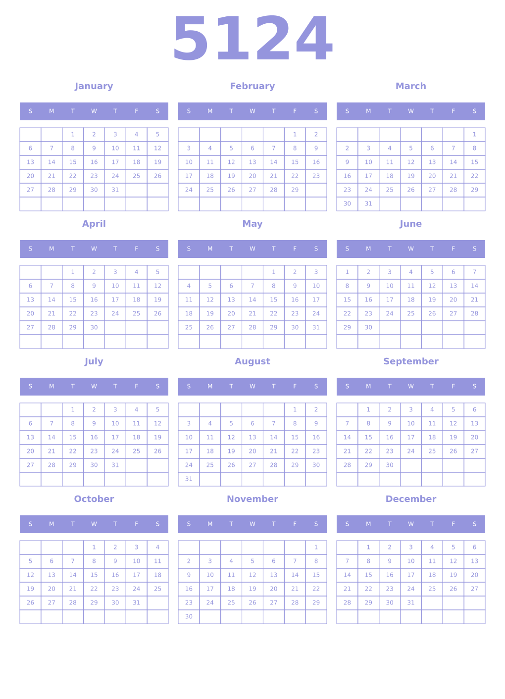 Printable 5124 Year Calendars periwinkle