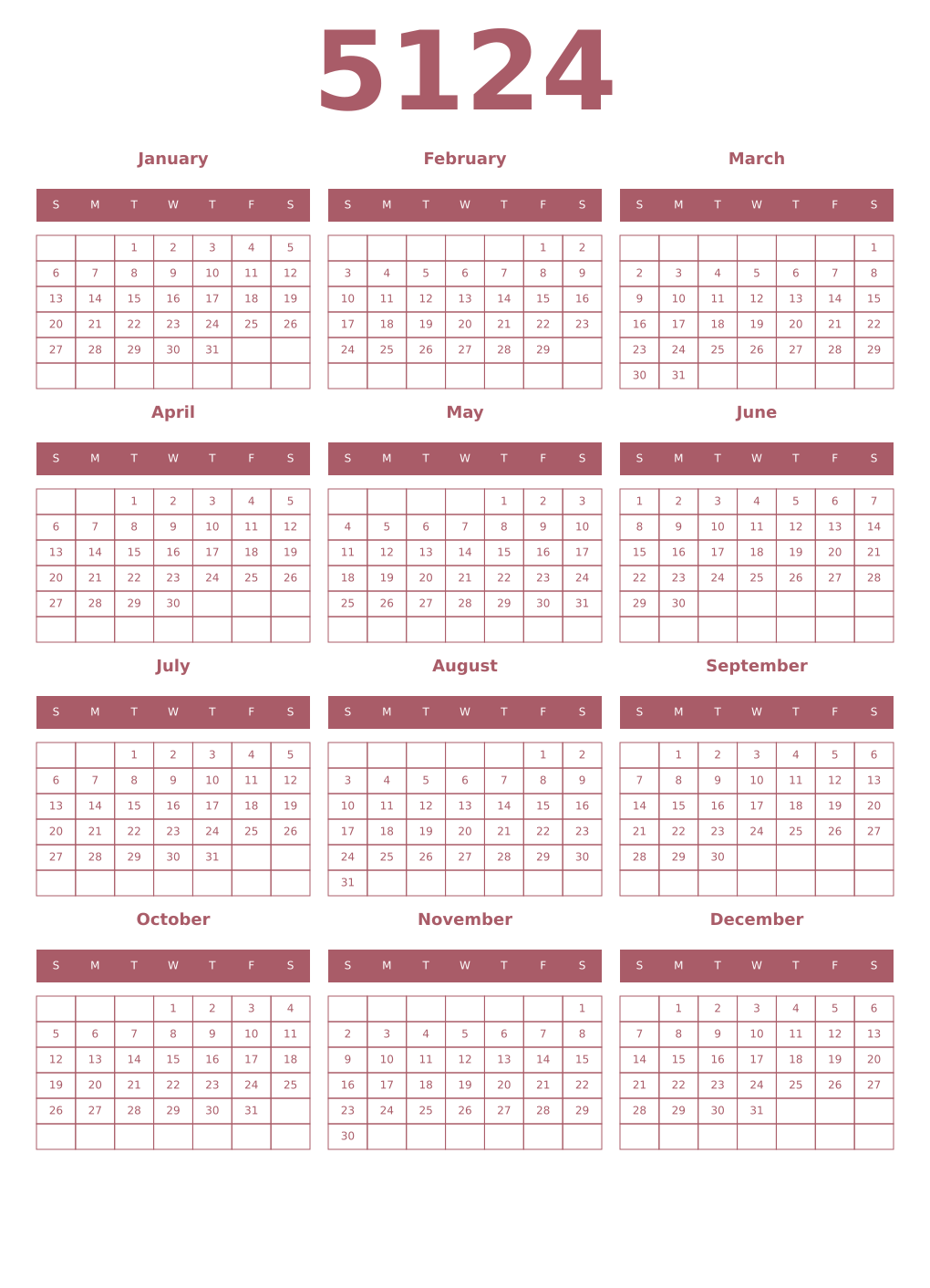 Printable 5124 Year Calendars puce