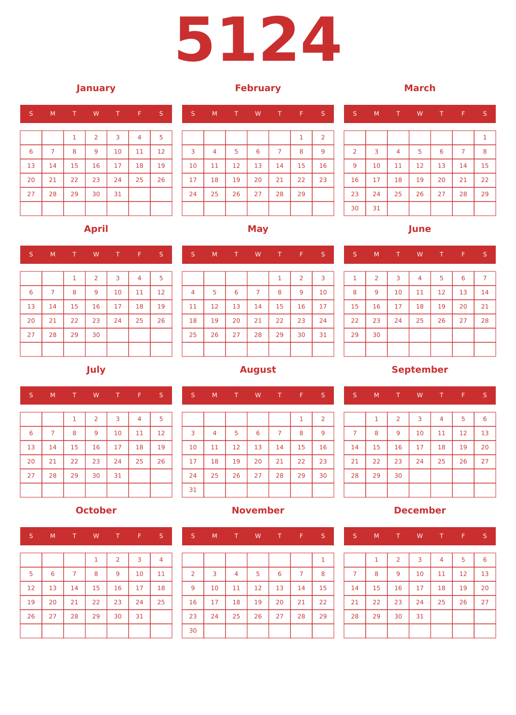 Printable 5124 Year Calendars red