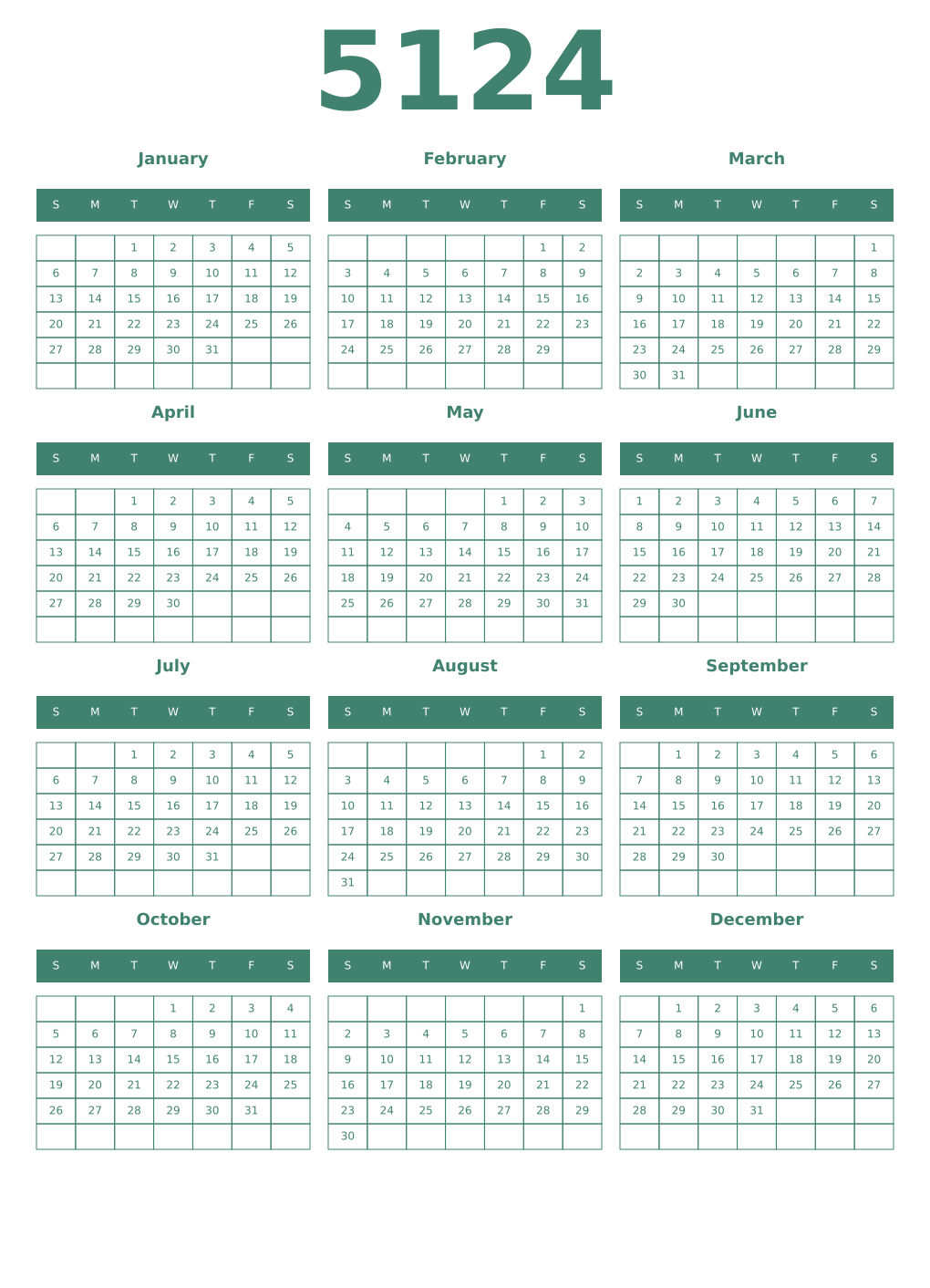 Printable 5124 Year Calendars viridian