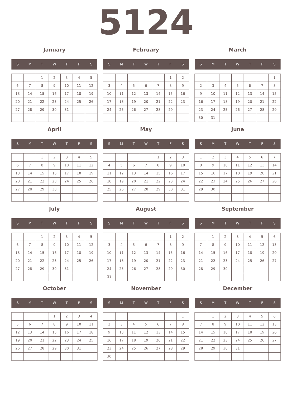 Printable 5124 Year Calendars wenge