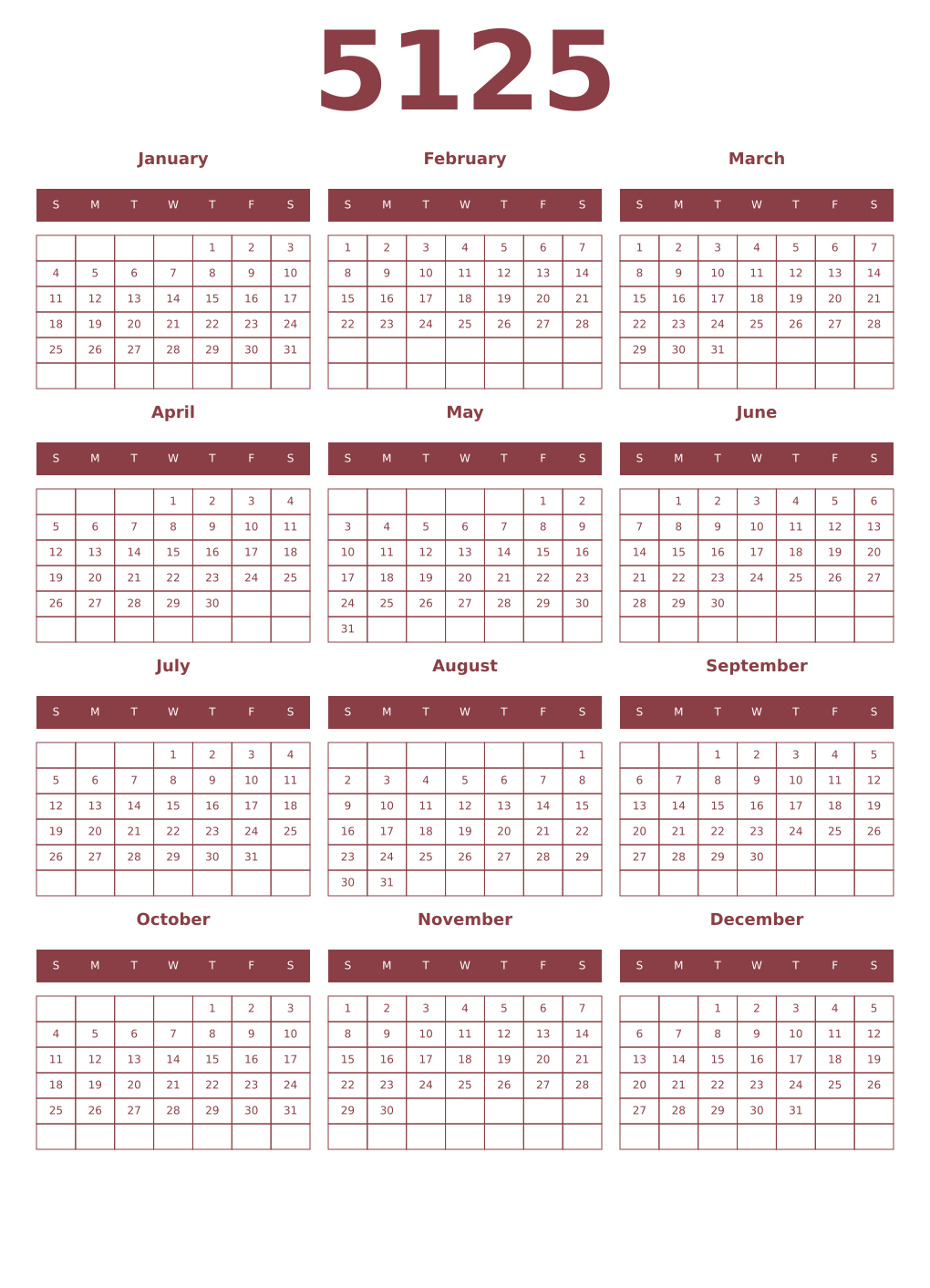Printable 5125 Year Calendars cordovan