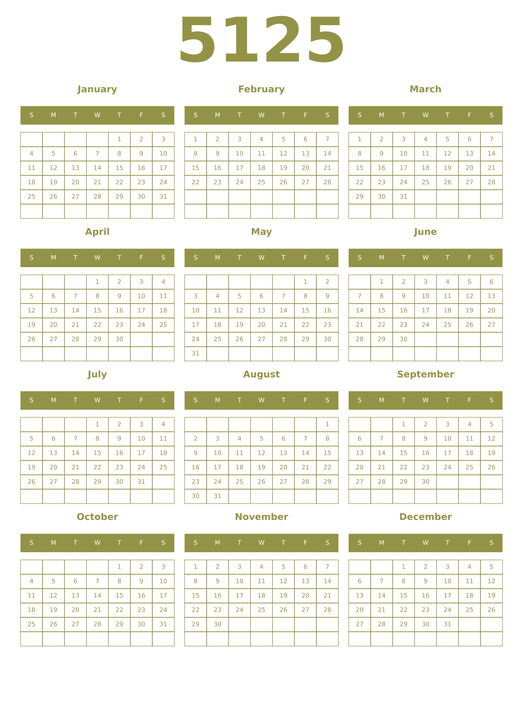Printable 5125 Year Calendars eburnean