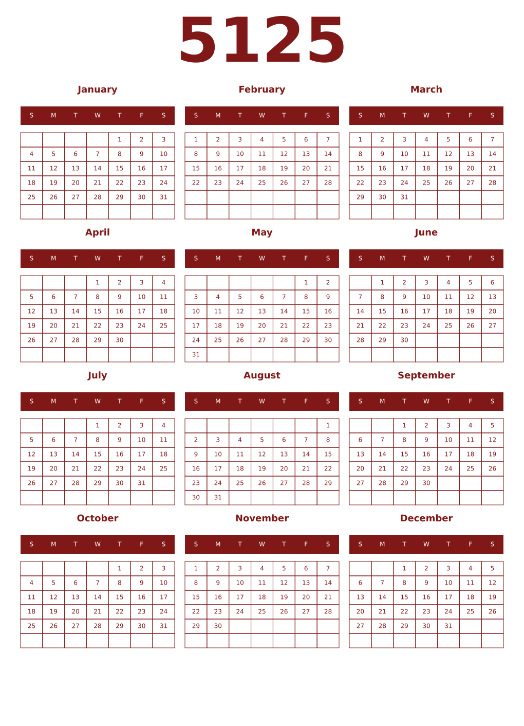 Printable 5125 Year Calendars falu