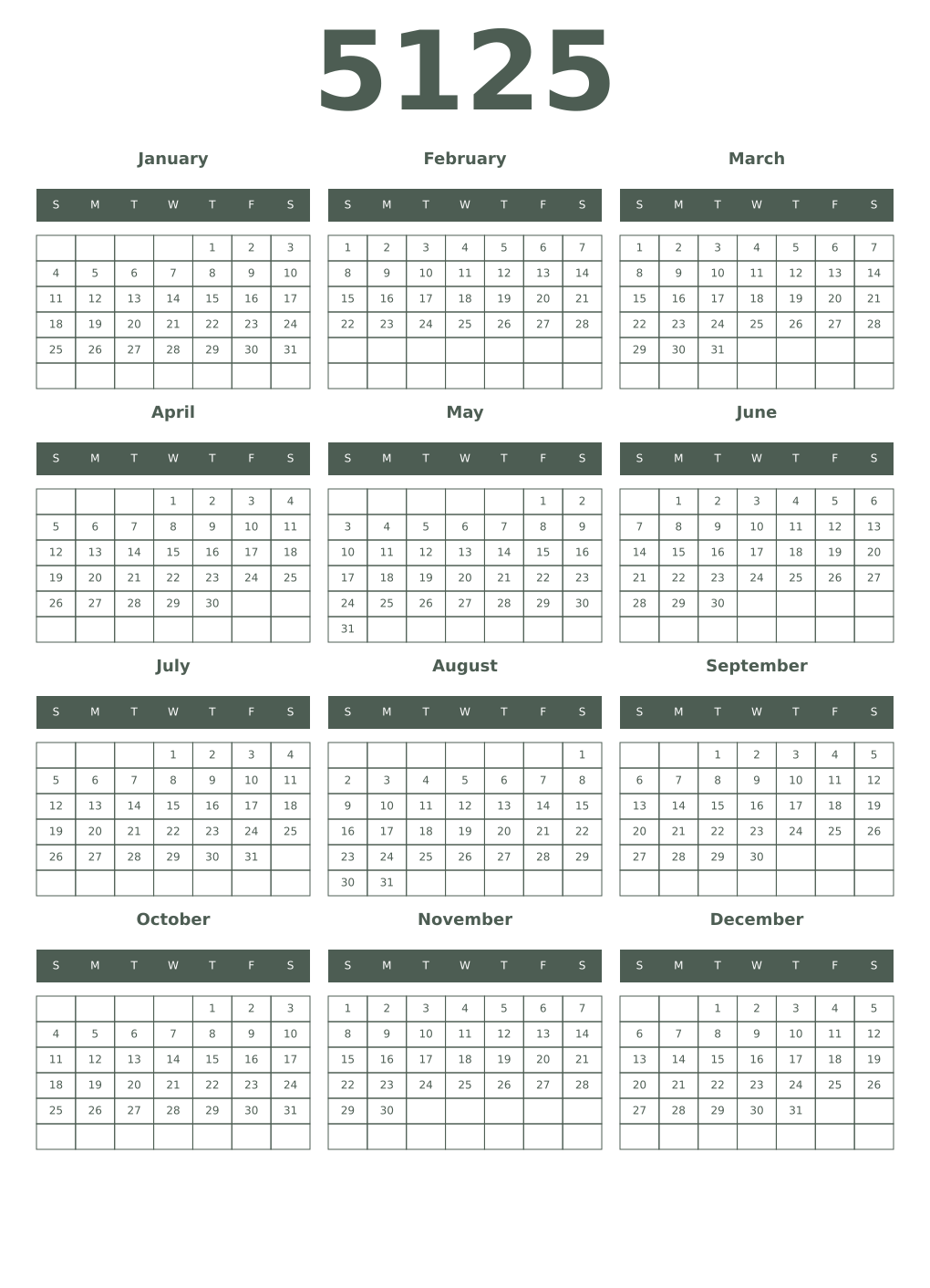 Printable 5125 Year Calendars feldgrau