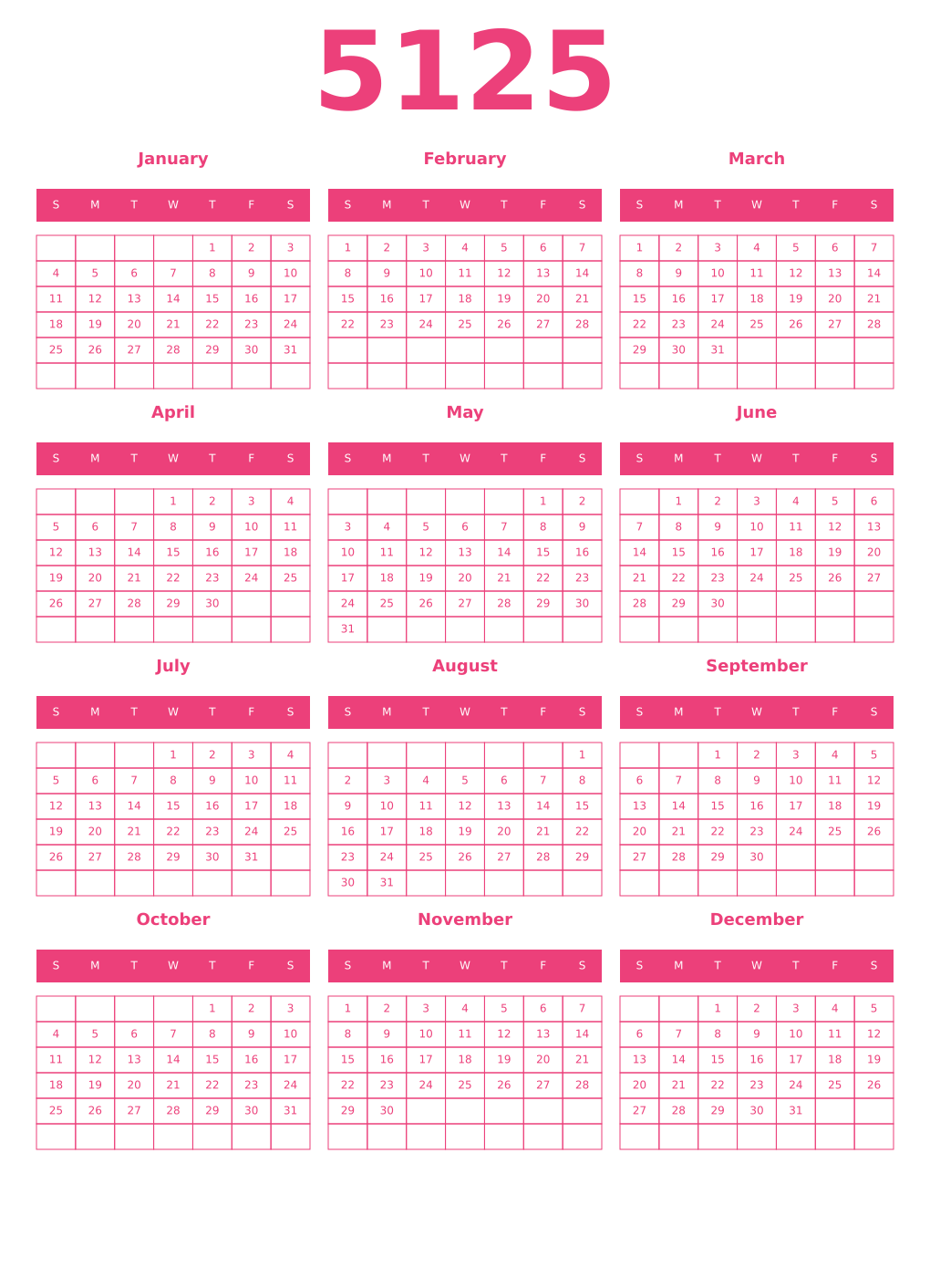 Printable 5125 Year Calendars pink