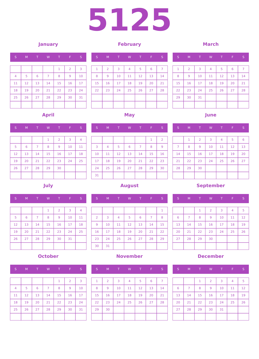 Printable 5125 Year Calendars purple
