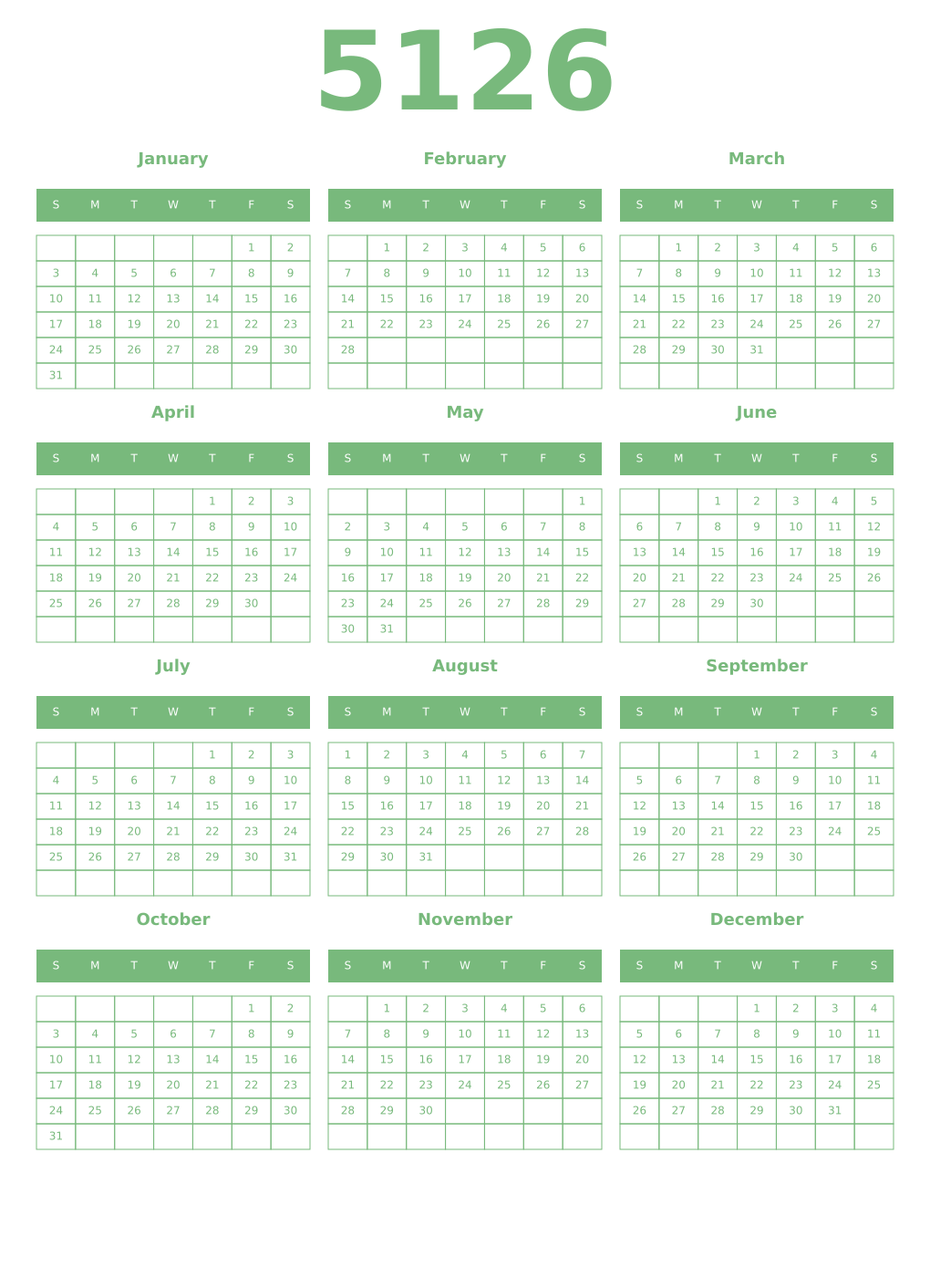 Printable 5126 Year Calendars celadon