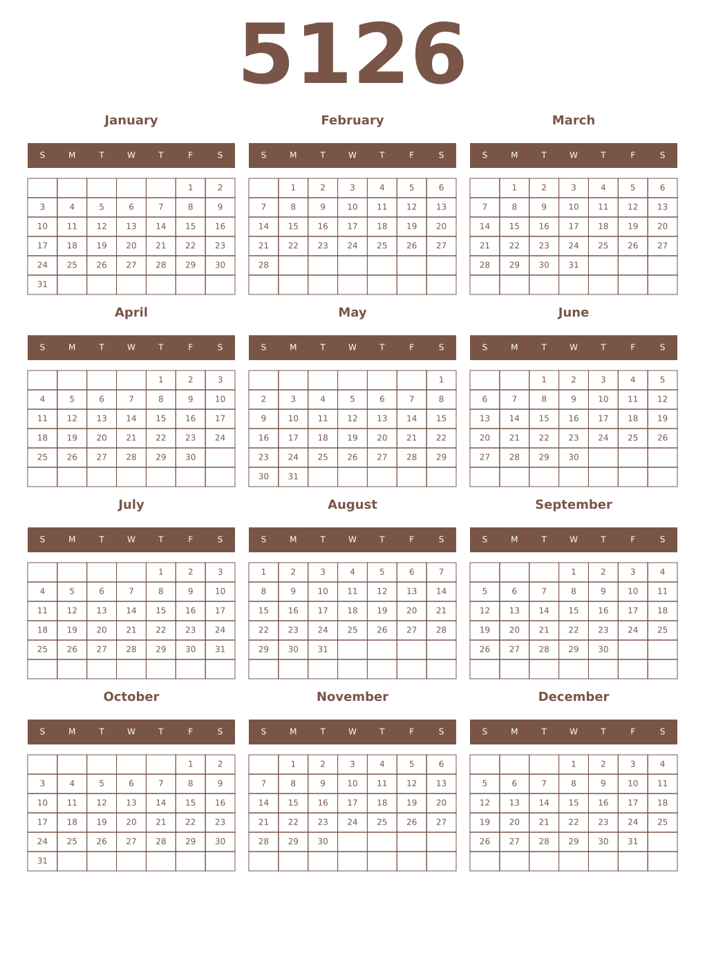 Printable 5126 Year Calendars coffe