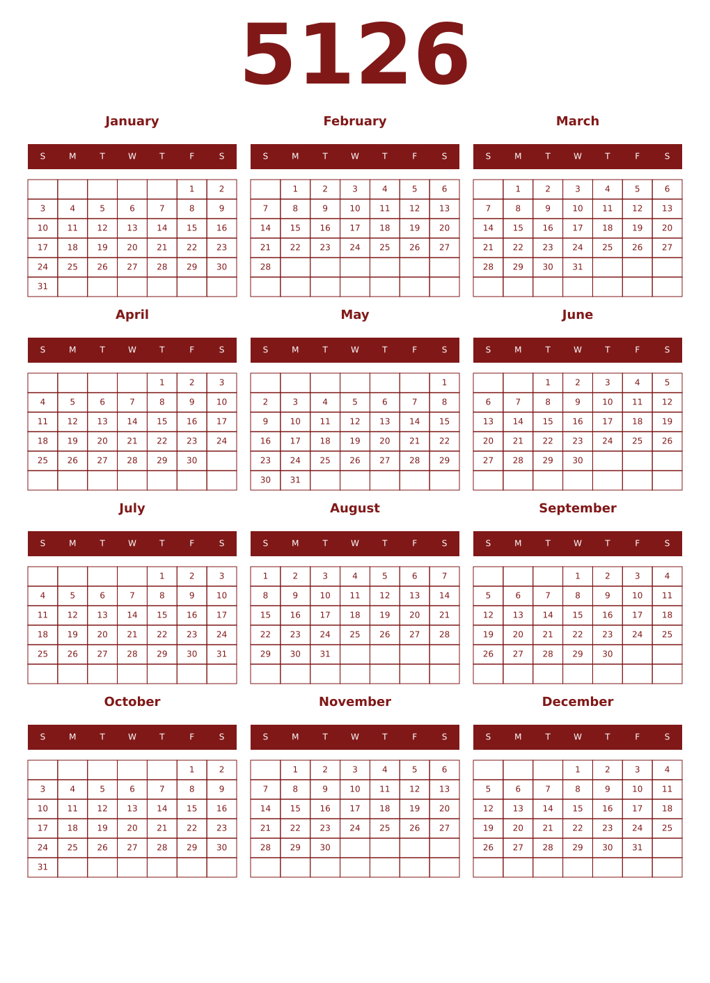 Printable 5126 Year Calendars falu
