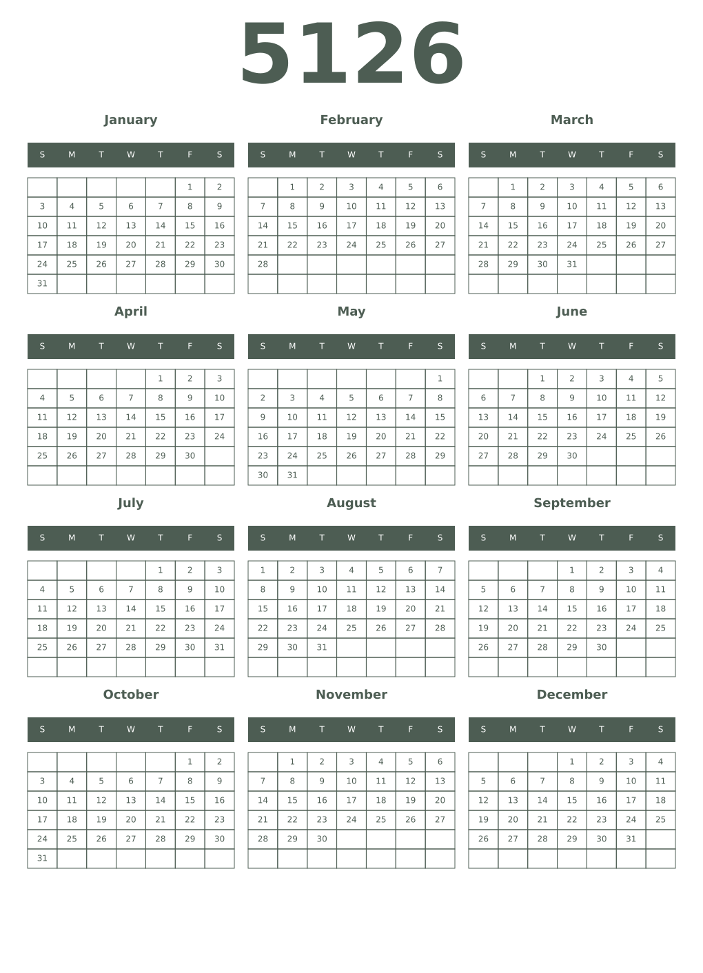 Printable 5126 Year Calendars feldgrau