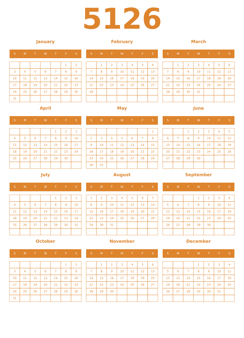 Printable 5126 Year Calendars orange