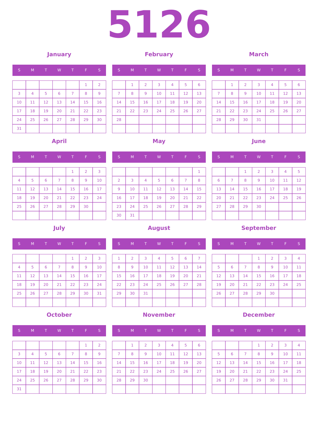 Printable 5126 Year Calendars purple