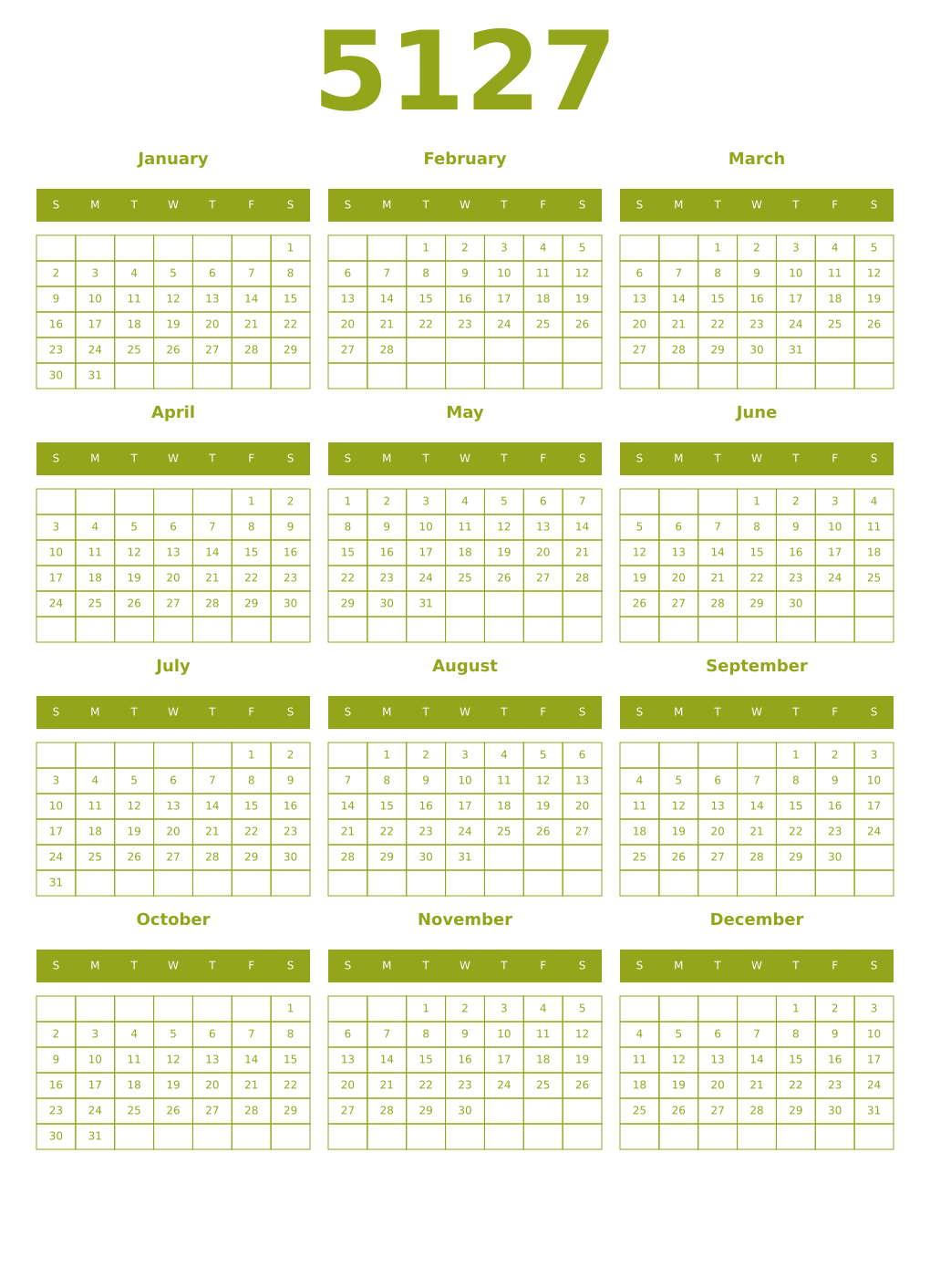 Printable 5127 Year Calendars chartreuse