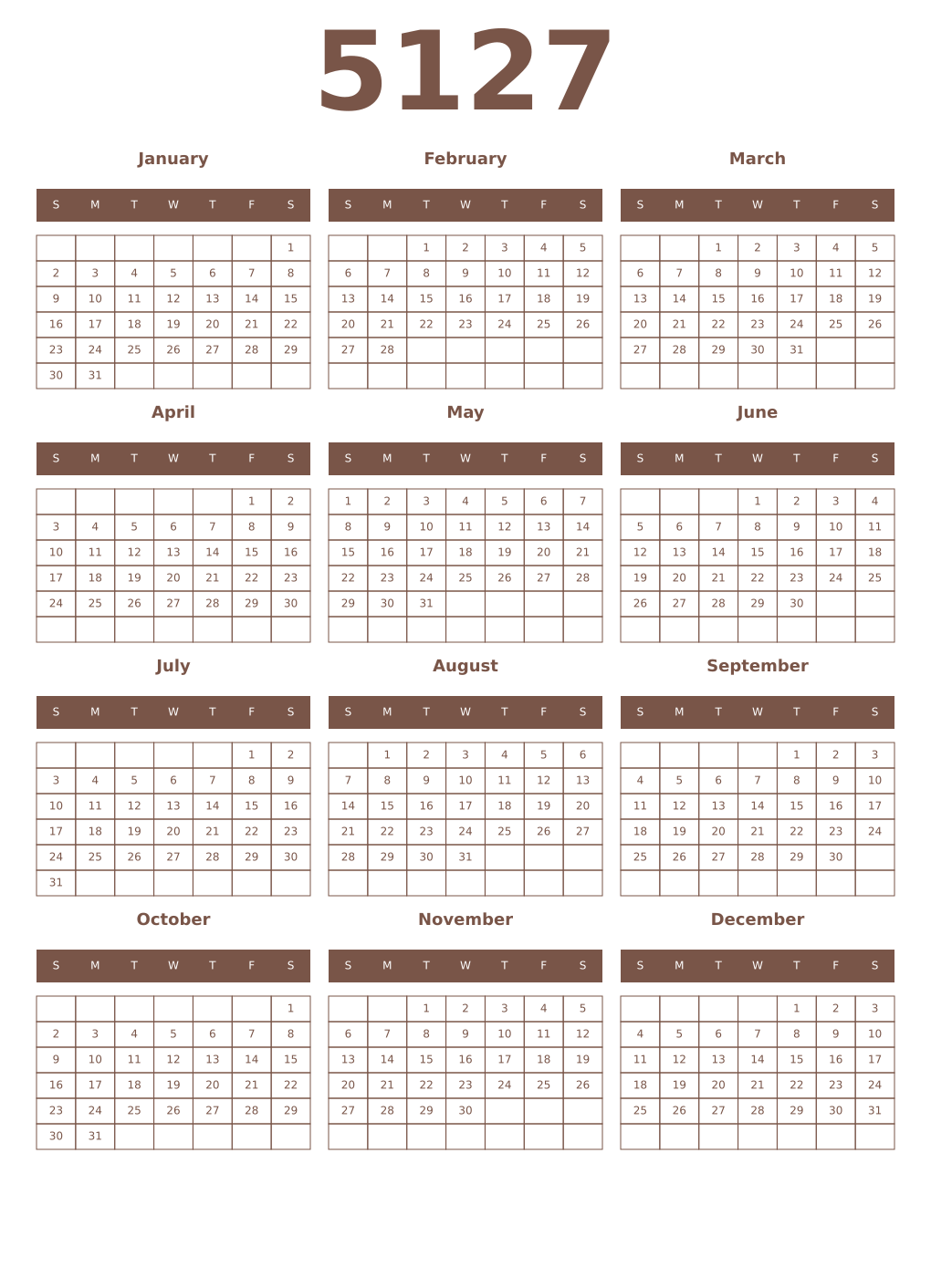 Printable 5127 Year Calendars coffe