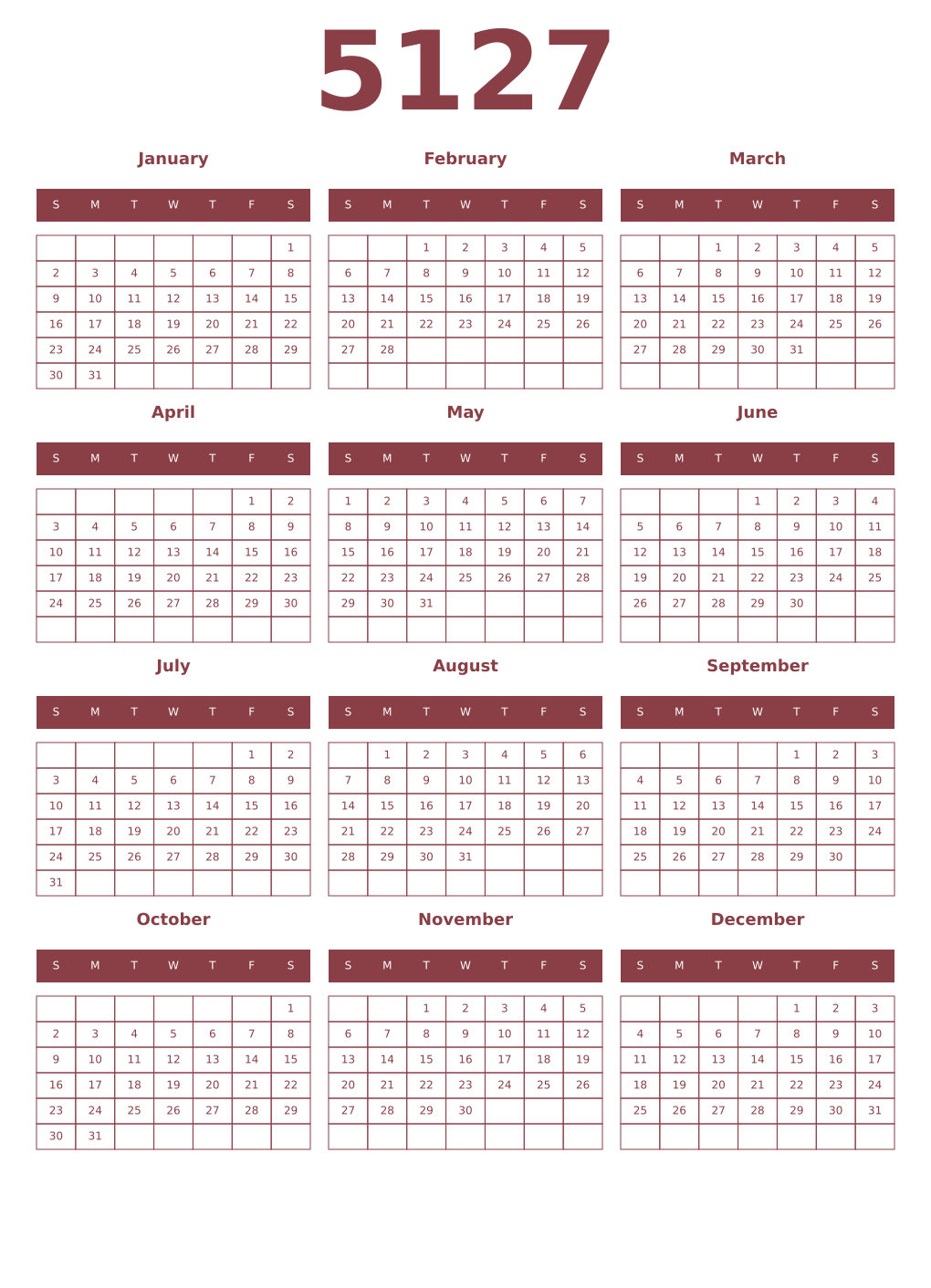 Printable 5127 Year Calendars cordovan