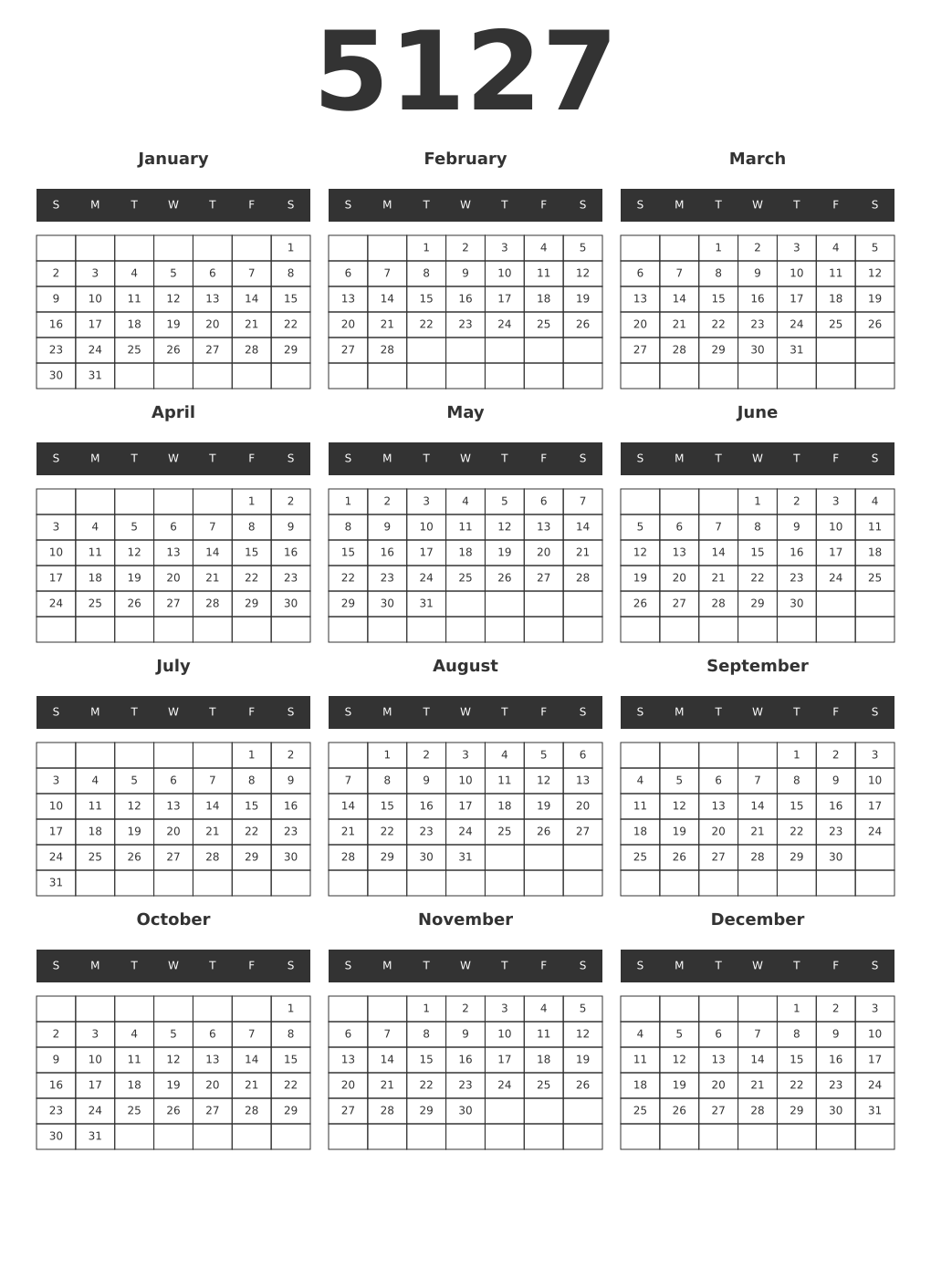 Printable 5127 Year Calendars dark