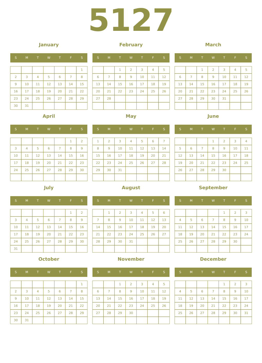 Printable 5127 Year Calendars eburnean