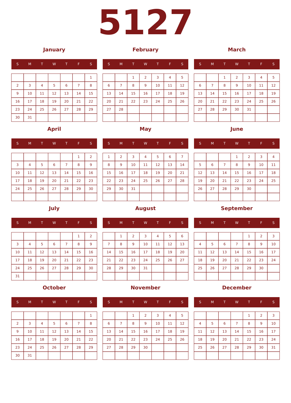 Printable 5127 Year Calendars falu