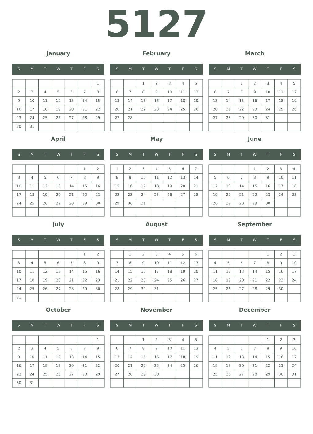 Printable 5127 Year Calendars feldgrau