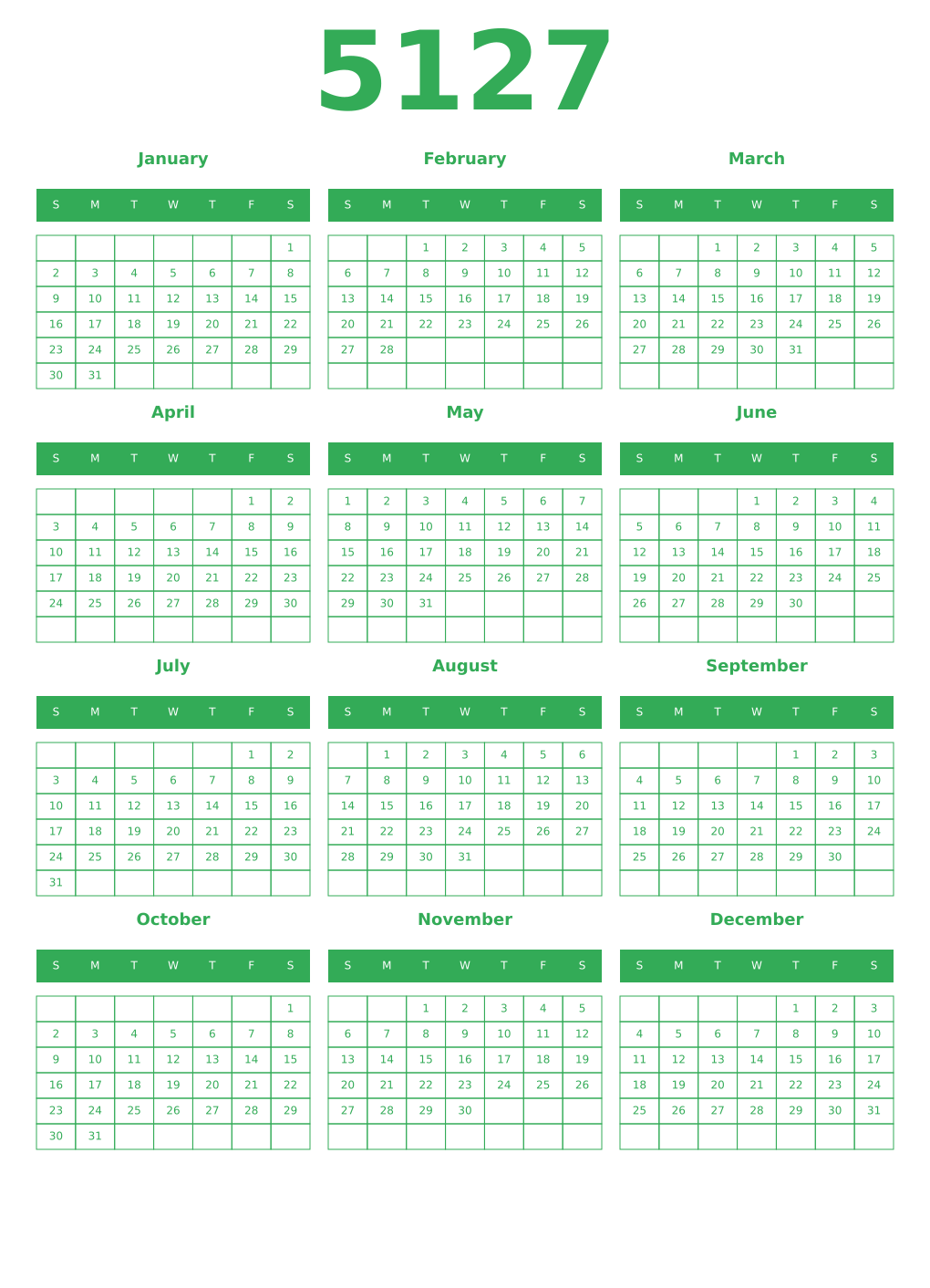 Printable 5127 Year Calendars green