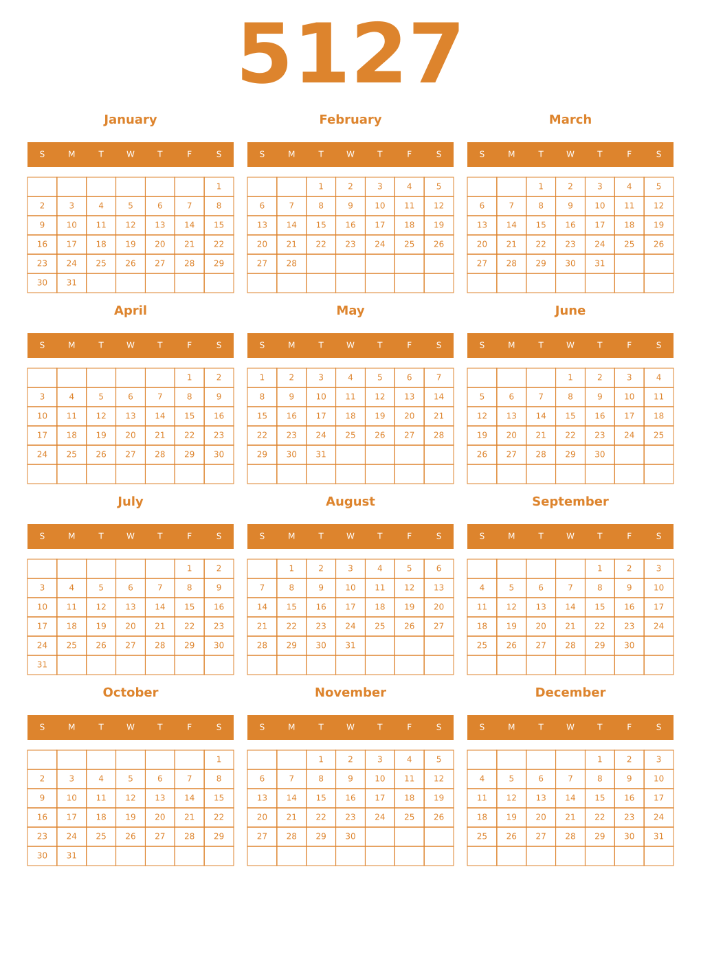 Printable 5127 Year Calendars orange