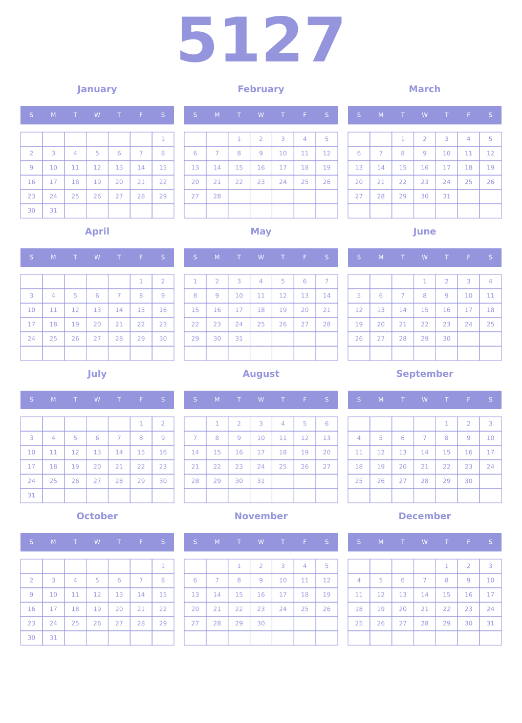 Printable 5127 Year Calendars periwinkle
