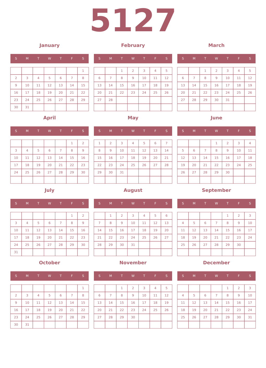 Printable 5127 Year Calendars puce