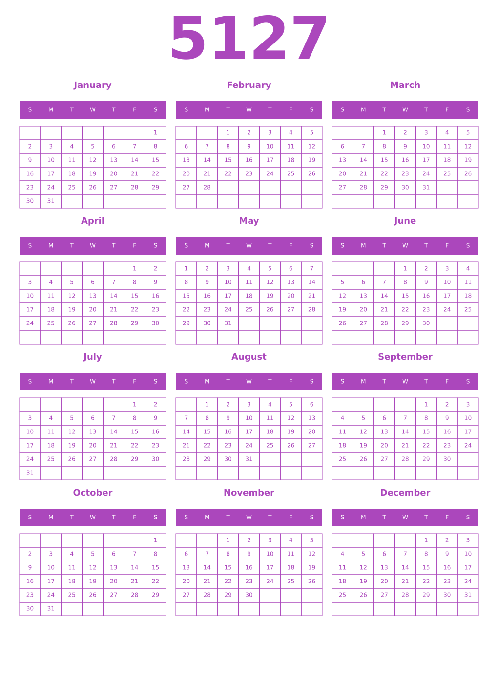 Printable 5127 Year Calendars purple