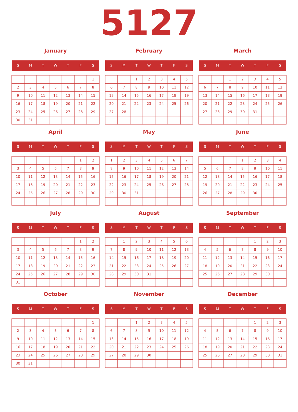 Printable 5127 Year Calendars red