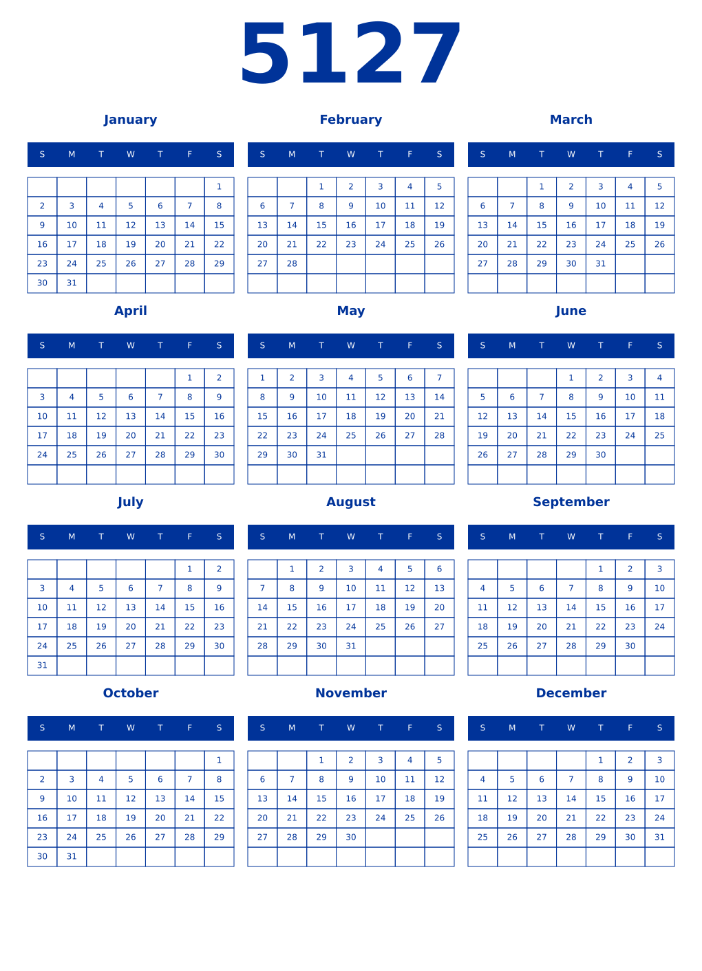 Printable 5127 Year Calendars smalt