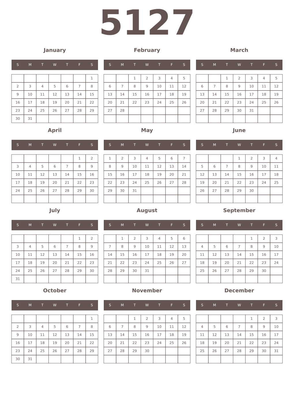 Printable 5127 Year Calendars wenge