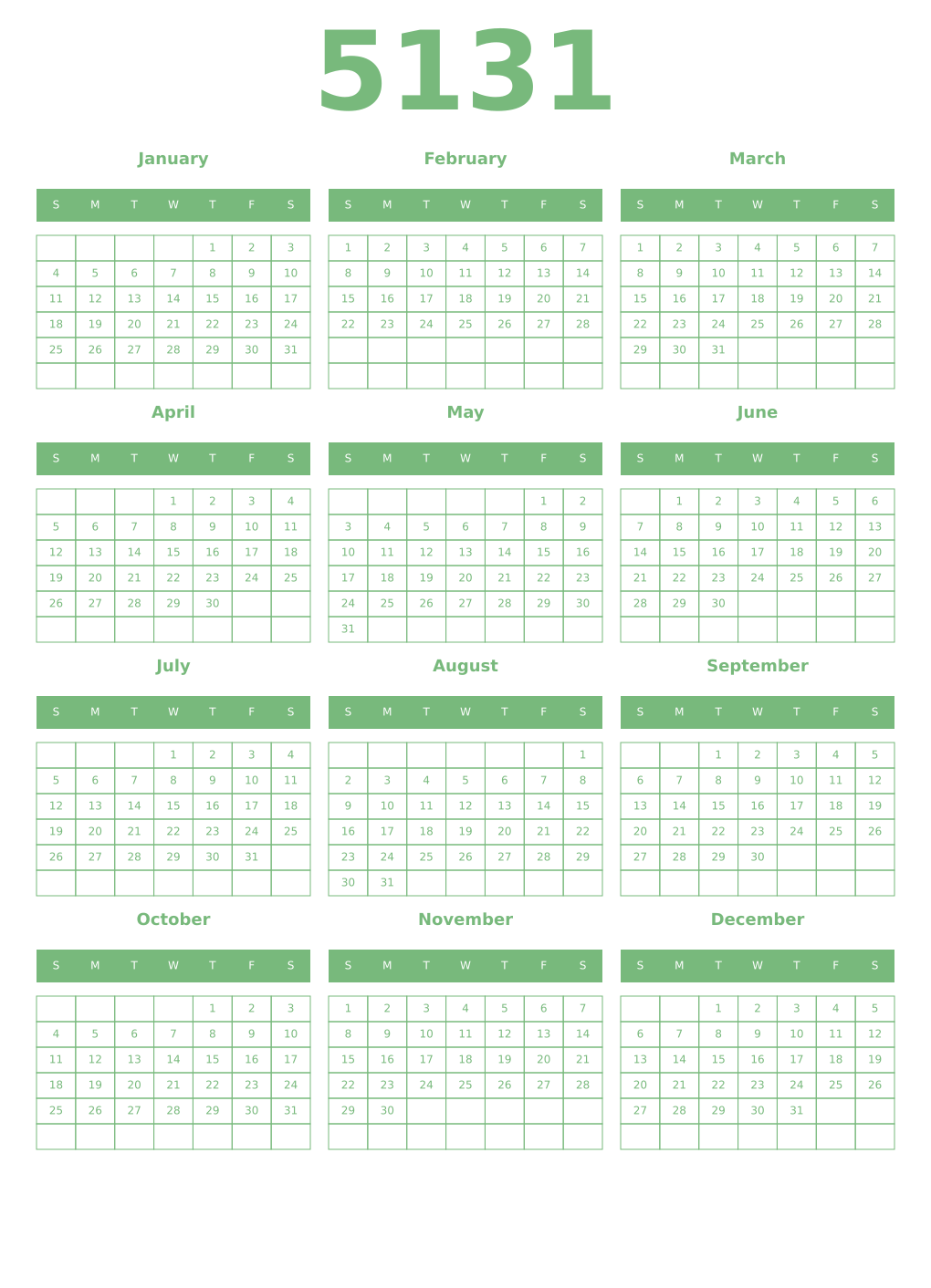 Printable 5131 Year Calendars celadon
