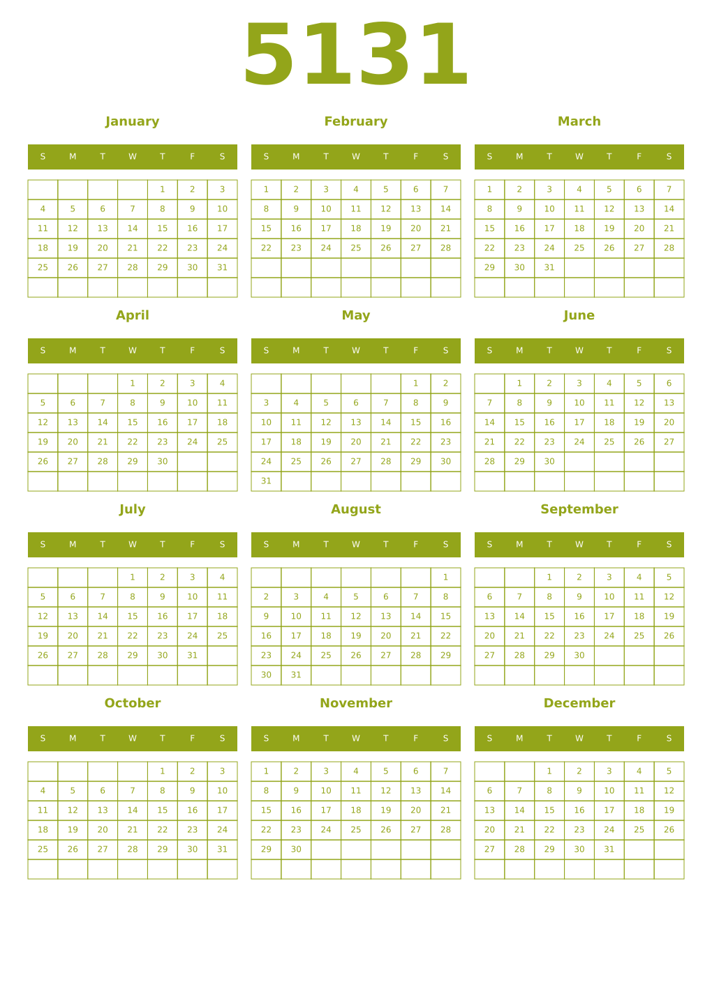 Printable 5131 Year Calendars chartreuse