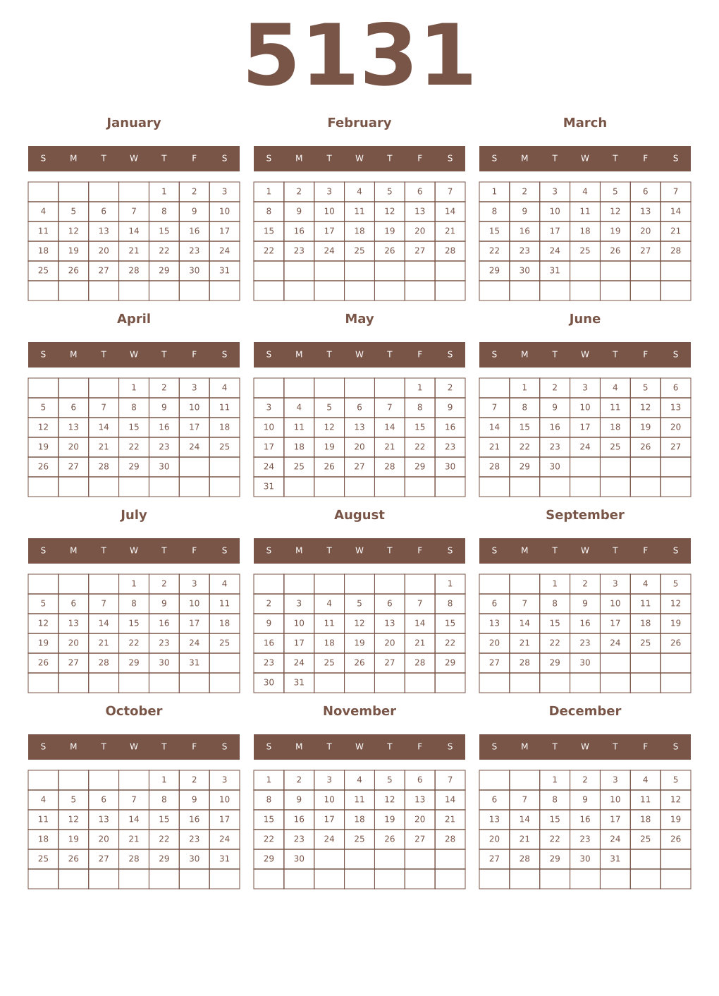 Printable 5131 Year Calendars coffe