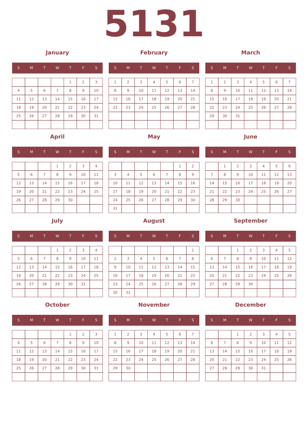 Printable 5131 Year Calendars cordovan