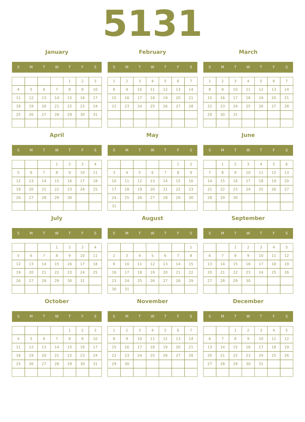 Printable 5131 Year Calendars eburnean